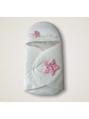 DMR Elegance Yenidoğan Çift Yıldız Detaylı Şapkalı Duvaklı Kız Bebek Klasik Kundak Bebek Battaniyesi Ekru