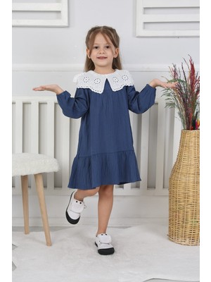 Kız Çocuk Bebe Yaka Brode Detaylı Müslin Elbise