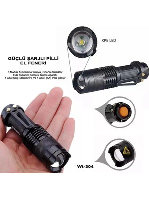 Evvano Mini Güçlü Şarjlı Pilli El Feneri WT-304
