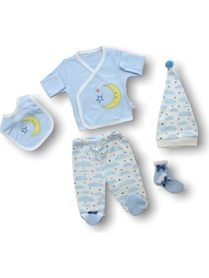 DMR Elegance Ay Dedem Nakışlı  5li Zıbın Takımı Hastane Çıkışı Mavi