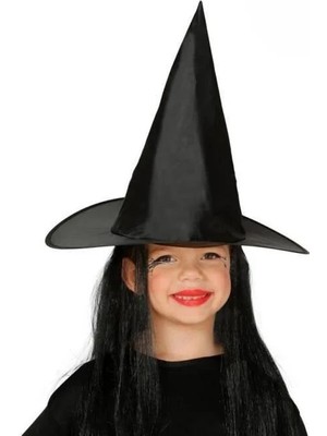 Evvano Çocuk Boy Siyah Cadı Şapkası ve Uzun Siyah Cadı Peruğu