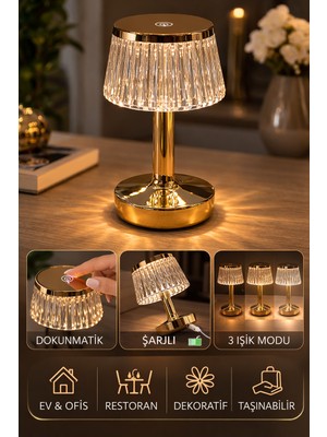 Eser Ticarett Şarjlı LED Kristal Masa Lambası Gold | Dokunmatik Kablosuz Dekoratif Abajur | Restoran ve Ev Için Masa Lambası