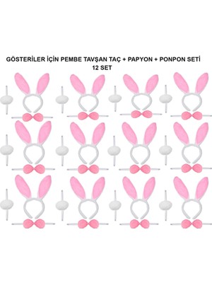 Evvano Pembe Tavşan Kostüm Seti – Taç, Papyon, Ponpon (12’li Paket)