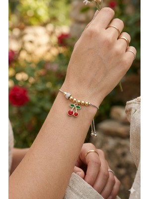 Lia Charm Paslanmaz Çelik Zirkon Taşlı Kiraz Figürlü Ayarlanabilir Kadın Asansör Bileklik