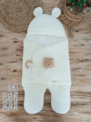 DMR Elegance Yenidoğan Kulaklı Şapkalı Açılır Kucaklı Cırt Kapamalı Ayaklı Bebek Battaniyesi Kundak Krem