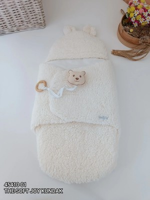 DMR Elegance Yenidoğan Kulaklı Şapkalı Açılır Kucaklı Cırt Kapamalı Bebek Battaniyesi Kundak Krem