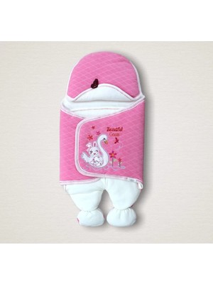 DMR Elegance Yenidoğan Çiçekli Ördek Nakışlı Şapkalı Kız Bebek Ayaklı Kundak Bebek Battaniyesi Pembe