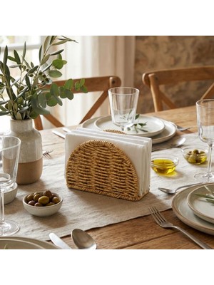Ams Net® Dekoratif Plastik Rattan Yarım Yuvarlak Peçetelik-Doğal Hasır Dokulu Masaüstü Peçete Standı