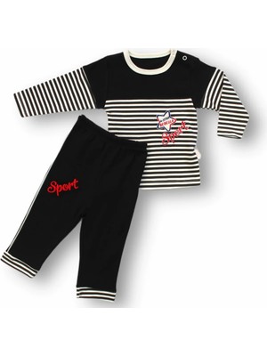 DMR Elegance 6-9 9-12 12-18 18-24 24-36 Ay Sport Baskılı Çizgili Uzun Kollu Sweatli 2li Erkek Bebek Takımı Siyah
