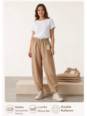 Kavaklıdere Giyim Kadın Keten Görünümlü Lastikli Bel Rahat Kesim Pantolon