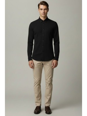Yyz Store Slim Fit Siyah Oxford Düğmeli Yaka  Ütülenebilir Triko Gömlek