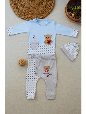 DMR Elegance 3-6 9-12 12-18 Ay Romantik Ayıcık Nakışlı Şapkalı Uzun Kollu Sweatli 3lü Kız-Erkek Bebek Takımı Mavi