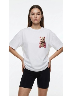 Kadın Oversize Düz Renk Panda Dijital Baskılı Bisiklet Yaka Basic Tişört Beyaz / Xl