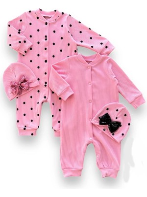 DMR Elegance 0-3 3-6 6-9 Ay Payetli Şapka Çıtçıt Kapamalı Puantiyeli ve Düz 2 Li Kombin Kız Bebek Tulumları Pembe
