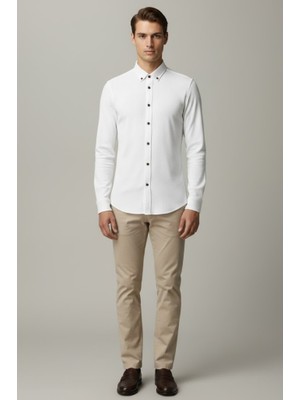 Yyz Store Slim Fit Beyaz Oxford Düğmeli Yaka  Ütülenebilir Triko Gömlek