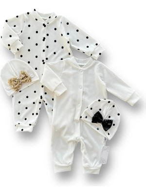 DMR Elegance 0-3 3-6 6-9 Ay Payetli Şapka Çıtçıt Kapamalı Puantiyeli ve Düz 2 Li Kombin Kız Bebek Tulumları Beyaz