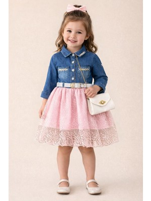 Murat Baby Kız Çoçuk Kot Detaylı Dantel Elbise Bayramlık