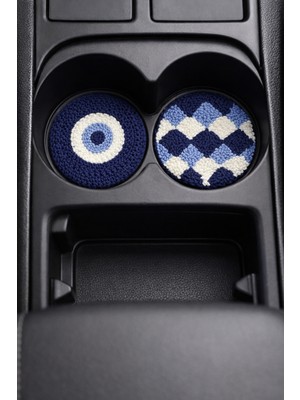 Fun Life Araba Bardak Altlığı 2'li Set Punch El Yapımı Altı Keçeli 7cm Nazar Boncuğu ve Dama Desenli