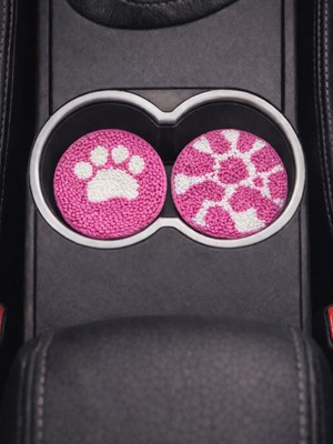 Fun Life Araba Bardak Altlığı 2'li Set Punch El Yapımı Altı Keçeli 7cm Pembe Pati ve Leopar Desenli