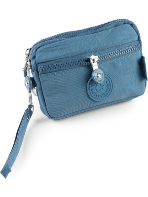 İmaks Krinkıl / Klinkır Su Geçirmez Kumaş 3 Fermuarlı Bilek Askılı Cep Telefon Taşıma Cüzdan Çanta Mavi 515-B