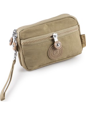 İmaks Krinkıl / Klinkır Su Geçirmez Kumaş 3 Fermuarlı Bilek Askılı Cep Telefon Taşıma Cüzdan Çanta Camel 515-B