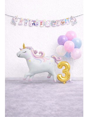 Bkmc Party Unicorn Balonlu Karışık Balonlu Doğum Günü Seti Gold Rakamlı Parti Seti Süsü Dekorasyon Seti
