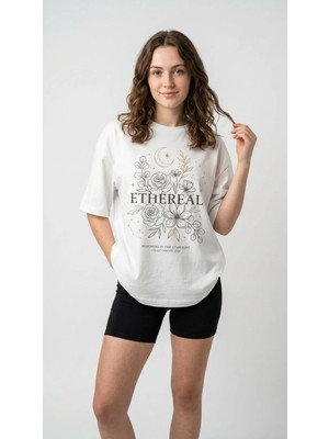 Kadın Oversize Tişört Ethereal Baskılı Beyaz / S