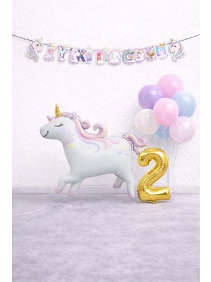 Bkmc Party Unicorn Balonlu Karışık Balonlu Doğum Günü Seti Gold Rakamlı Parti Seti Süsü Dekorasyon Seti