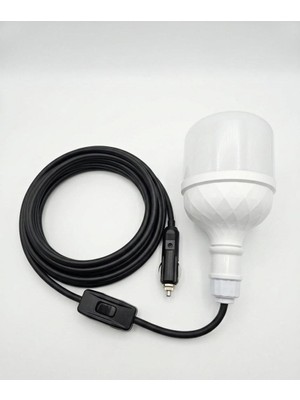 Geseus Araç Çakmak Girişli 30W 12V LED Ampul,lü E27 Duylu Anahtarlı Araç,karavan,kamp Seyyar Lamba 12/16A 2 X1,5mm Ttr Bakır 5 Mt-Siyah