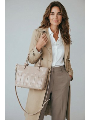 SACHS Kadın Örgü Desenli Omuz Çantası Çapraz Askılı Günlük Şık El Çantası Bej