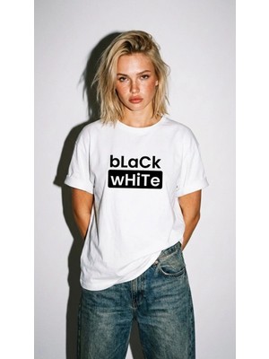 Kadın Oversize Tişört Black White Baskılı Beyaz / 2xl