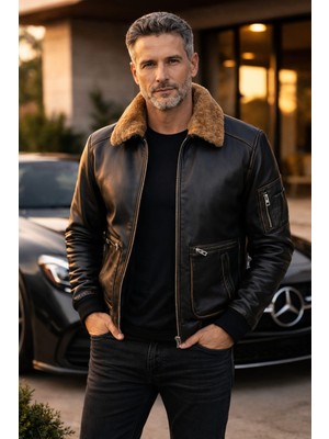 Viamod Leather Erkek Hakiki Deri Ceket Kürk Yakalı Siyah Premium Pilot Model Gerçek Deri Mont Üretici Garantili