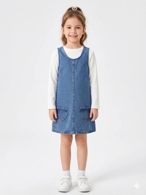 Queen Kids M9933 Denim Kalp Detaylı Elbise  Mavi