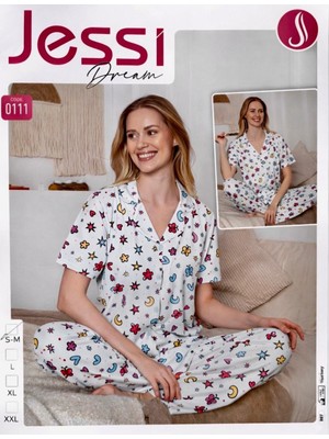 DNC Jessi Dream Kadın Yazlık Pijama Takımı Kısa Kollu Düğmeli Desenli Ev Giyim