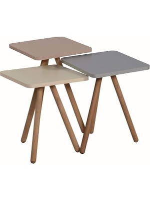 Renkli Üçlü Zigon Sehpa Ahşap Ayaklı Kare Pastel Tasarım Gri Krem Cappuccino