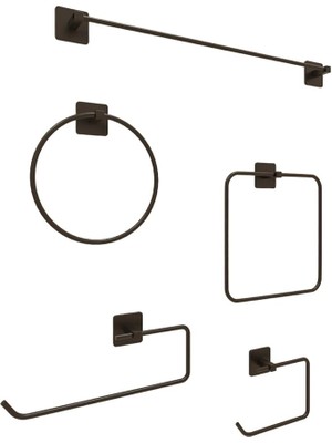 Banyo Yapışkanlı Aksesuar Seti Havluluk T.kağıtlık ve Peçetelik Kare Siyah 5 Li Set