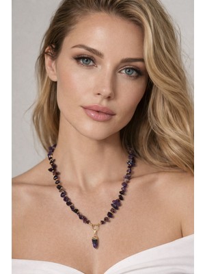 Solare Accessories Ametist Aura Kolye – Doğal Mor Kuvars Taşlı Altın Kaplama Tasarım Kolye