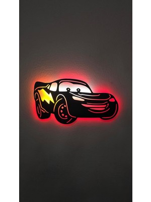 Elert Design Studio Şimşek Mcqueen Ahşap LED Işıklı Tablo – El Yapımı Lazer Kesim Dekoratif Hediye Lamba
