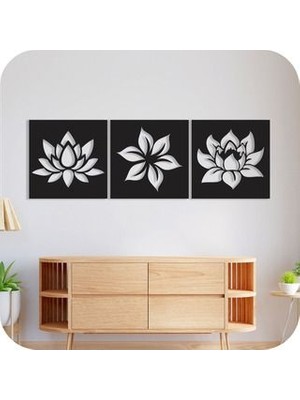 Sscnc 3'lü Dekoratif Duvar Tablo Seti - Siyah Mdf Üzeri Beyaz Floral Desen - Toplam 80X26 cm