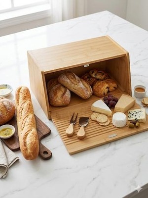 Bambu Ekmek Kutusu Ekmeklik Peynir Sunumluk Servis Bıçağı ve Çatalı