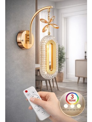 Laaysa Elips Model Sarkıt 3 Renk Gold Kaplama Oturma Yatak Çocuk Odası Duvar LED Aplik (Kumandalı)