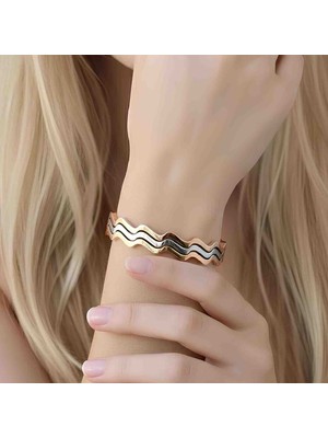 Bontexs Kadın Üçlü Renk Geçişli Zigzag Model Paslanmaz Çelik Kadın Bileklik, 3 Renkli Dalga Tasarımlı Çelik Kelepçe Bileklik - Gold, Gümüş, Rose Gold