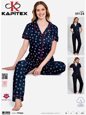 DNC Kapitex Kadın Pijama Takımı Lacivert Denizci Desenli – Yazlık Kısa Kollu Düğmeli Kadın Ev Giyim