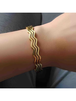 Bontexs Kadın 14 Ayar Altın Kaplama Üçlü Dalga Tasarım Kelepçe Bileklik, Su Dalgası Figürlü Geometrik Tasarım Gold Kadın Bileklik