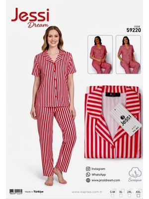 DNC Jessi Dream Kadın Yazlık Pijama Takımı Kırmızı Çizgili Kısa Kollu Düğmeli Ev Giyim