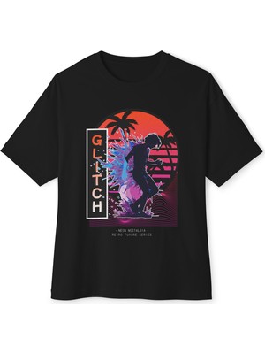 Tişört Kodu Glitch “neon Nostalgia” Oversize Unisex Tişört – Retro Future Series Sokak Stili Grafik T-Shirt
