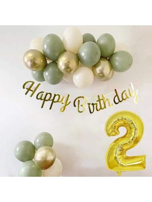 Gitti 2 Yaş Küf Yeşili, Deniz Kumu ve Krom Gold Balonlu Konsept Doğum Günü Seti