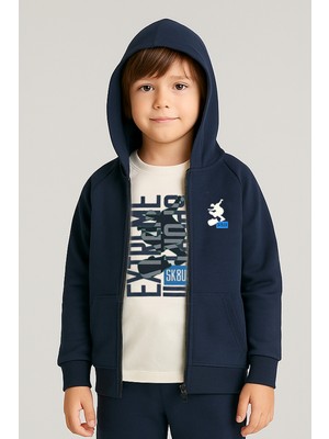 Selvira Erkek Çocuk Lacivert Kapüşonlu Fermuarlı Sweatshirt ve T-Shirt