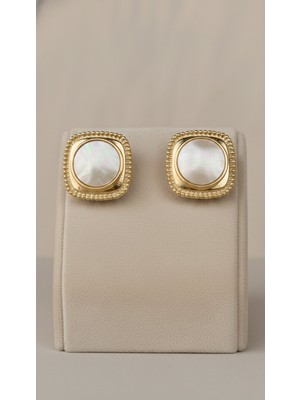 Lune Design 925 Ayar Gümüş Çivili Kare Formlu Altın Kaplama Sedefli Vintage Tasarım Küpe