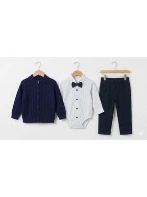 Efemkids 6/24 Ay Erkek Bebek Takım Papyonlu Hırkalı Yenidoğan Bebek Alt-Üst Takım